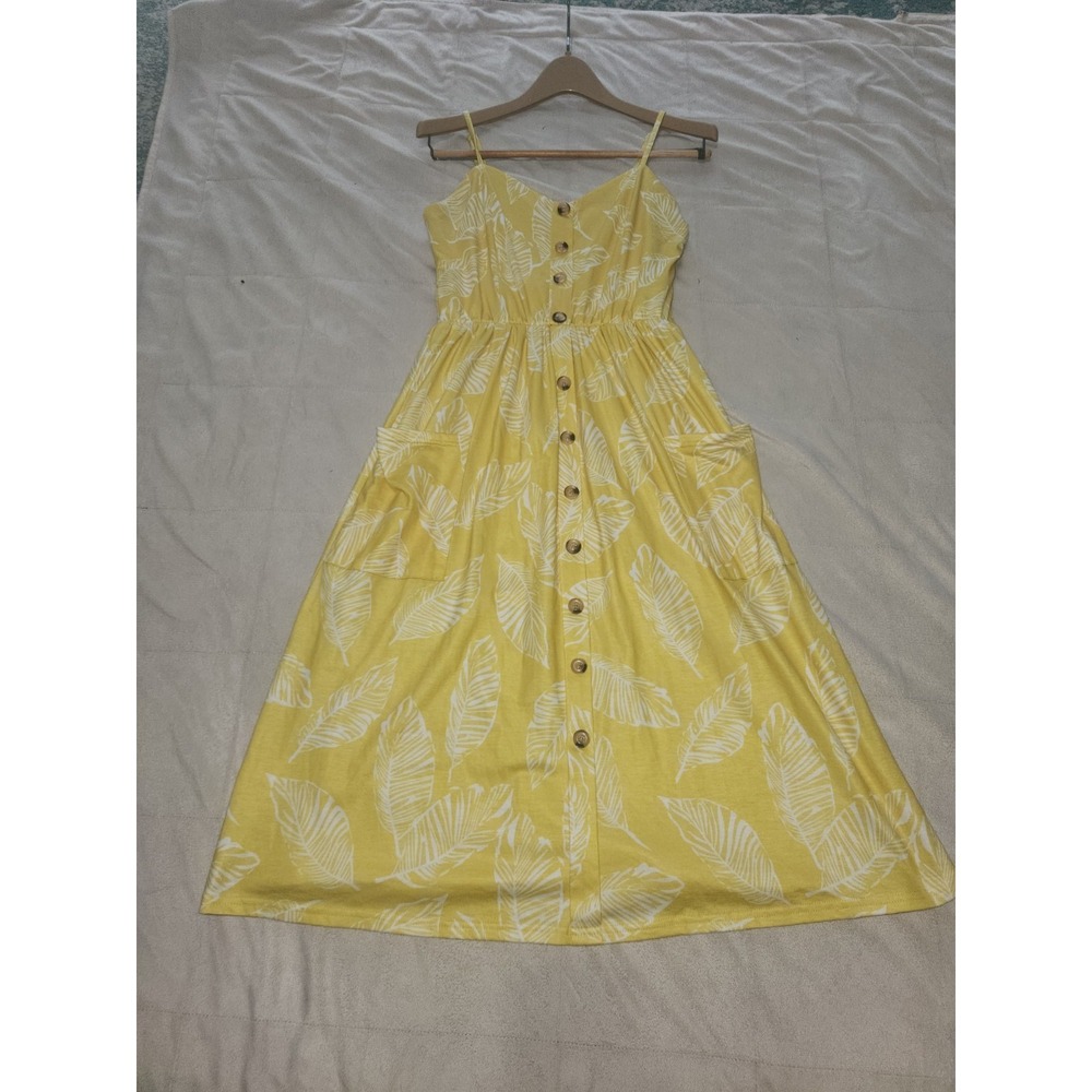 Angashion yellow floral leaf print dress button down front, adjustable straps M